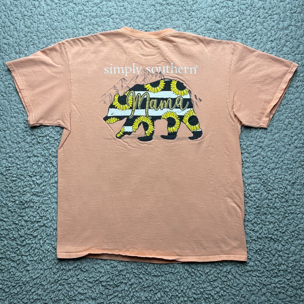 Simply Southern Shirt Womens Large Peach Mama Bear With Sunflower Gold Sparkle